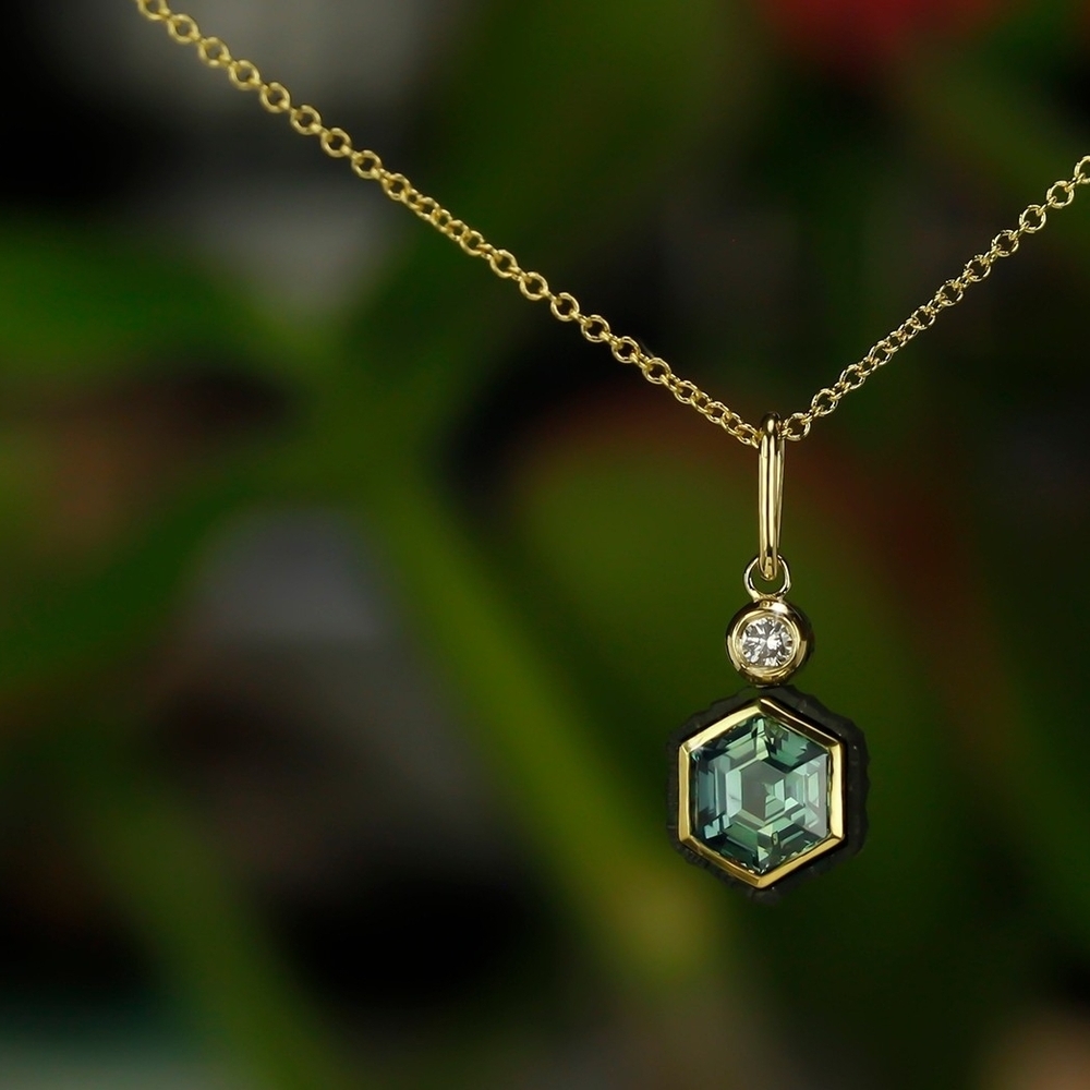 Sarah Graham 18k Yellow Gold Oxidized Cobalt Diamond Sapphire Pendant Necklace